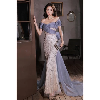 Charmant Bleu Glitter Perlage Paillettes Robe De Soirée 2023 Trompette Sirène De L Épaule Manches Courtes Dos Nu Noeud Longue Soirée Robe De Ceremonie