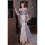 Charmant Bleu Glitter Perlage Paillettes Robe De Soirée 2023 Trompette / Sirène De l'épaule Manches Courtes Dos Nu Noeud Longue Soirée Robe De Ceremonie