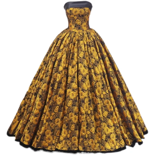 Vintage / Retro Black Gold Printing Prom Dresses 2023 Ball Gown Satin Strapless Sleeveless Backless Floor-Length / Long Prom Formal Dresses
