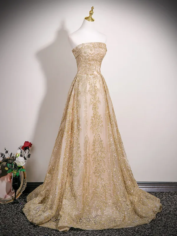 Scintillantes Sexy Doré Glitter Paillettes Faux Diamant Robe De Bal 2025 Princesse Bustier Sans Manches Dos Nu Train De Balayage Robe De Ceremonie
