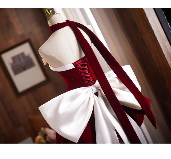 Sexy Burgundy Glitter Short Cocktail Party Party Dresses 2025 Ball Gown Strapless Sleeveless Backless Bow Formal Dresses