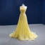 Chic / Beautiful Yellow Summer Sequins Prom Dresses 2022 A-Line / Princess One-Shoulder Sleeveless Backless Split Front Sweep Train Formal Dresses