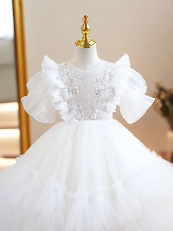 Chic / Beautiful White Beading Sequins Cascading Ruffles Birthday Flower Girl Dresses 2023 Ball Gown Scoop Neck Short Sleeve Floor-Length / Long