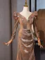 Scintillantes Doré Paillettes Robe De Bal 2024 Trompette / Sirène V-Cou Manches Longues Dos Nu Train De Balayage Promo Robe De Ceremonie