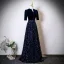 Vintage / Retro Navy Blue Sequins Mother Of The Bride Dresses 2025 A-Line / Princess High Neck Short Sleeve Floor-Length / Long