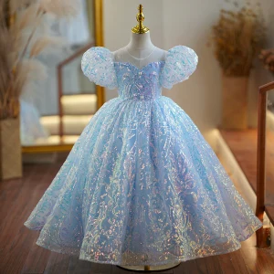 Scintillantes Bleu Ciel Paillettes Promo Robe Ceremonie Fille 2023 Robe Boule Encolure Dégagée Gonflée Manches Courtes Longue Tulle