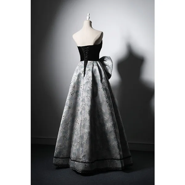 Vintage / Retro Black Evening Dresses 2022 A-Line / Princess Strapless Bow Sleeveless Backless Floor-Length / Long Evening Party Formal Dresses