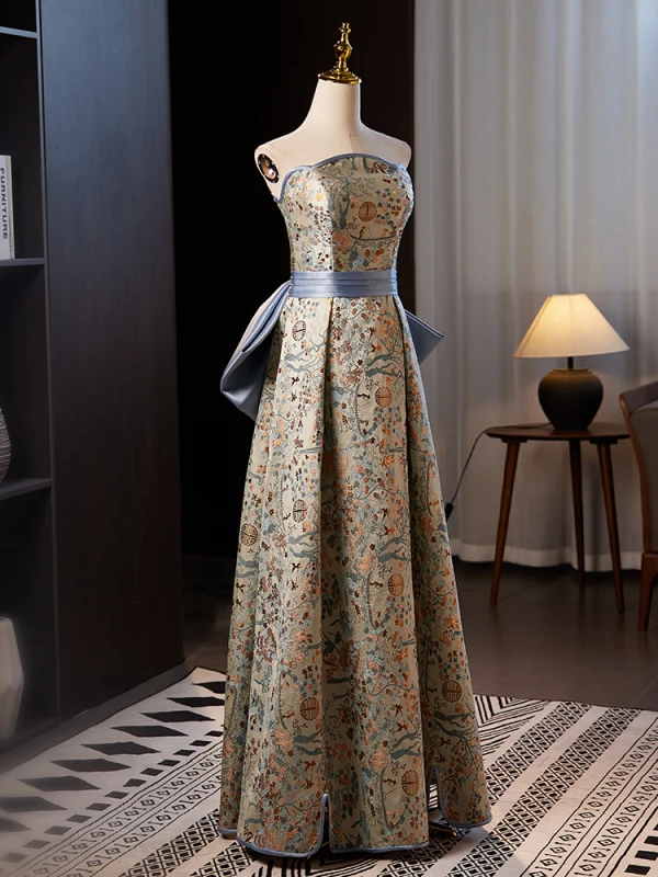 Chinese style Printing Prom Dresses 2024 A-Line / Princess Sleeveless Strapless Backless Bow Floor-Length / Long Prom Formal Dresses