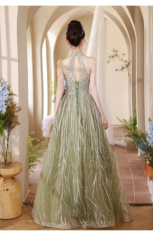 Charming Sage Green Beading Pearl Sequins Prom Dresses 2024 A-Line / Princess Halter Sleeveless Backless Floor-Length / Long Prom Formal Dresses