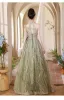 Charming Sage Green Beading Pearl Sequins Prom Dresses 2024 A-Line / Princess Halter Sleeveless Backless Floor-Length / Long Prom Formal Dresses