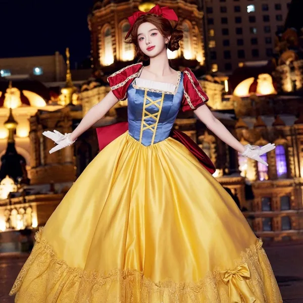 Snow White Gold Satin Bow Prom Dresses 2024 Ball Gown Square Neckline Short Sleeve Long
