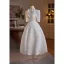 Élégant Blanche De Fiançailles En Dentelle Fleur Robe De Mariée 2024 Robe Boule Col Haut Perle Noeud 1/2 Manches Dos Nu Thé Longueur Mariage