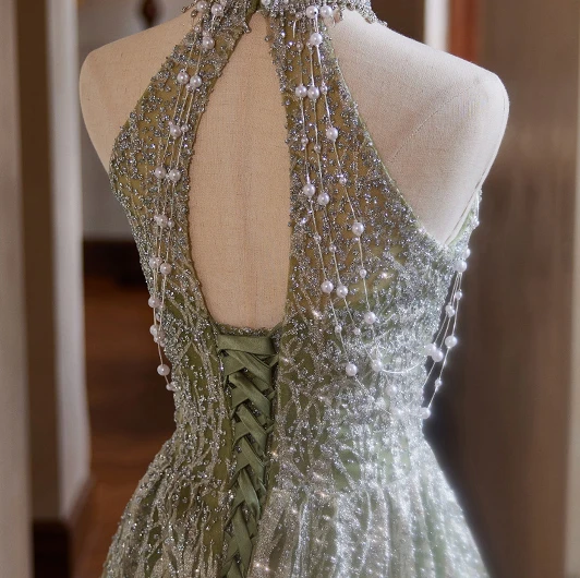 Sparkly Sage Green Beading Pearl Glitter Prom Dresses 2024 A-Line Princess Halter Long