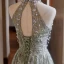 Sparkly Sage Green Beading Pearl Glitter Prom Dresses 2024 A-Line / Princess Halter Sleeveless Backless Floor-Length / Long Prom Formal Dresses