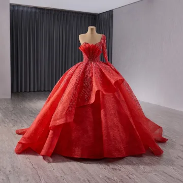 Luxury Gorgeous Red Handmade Beading Prom Dresses 2024 Ball Gown One Shoulder Long Sleeve Backless Sweep Train Prom Formal Dresses