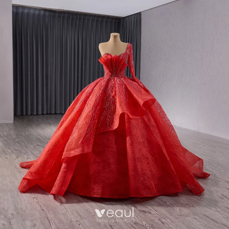 Luxury / Gorgeous Red Handmade Beading Prom Dresses 2024 Ball Gown  One-Shoulder Long Sleeve Backless Sweep Train Prom Formal Dresses