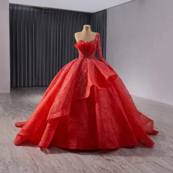 Luxury Gorgeous Red Handmade Beading Prom Dresses 2024 Ball Gown One Shoulder Long Sleeve Backless Sweep Train Prom Formal Dresses