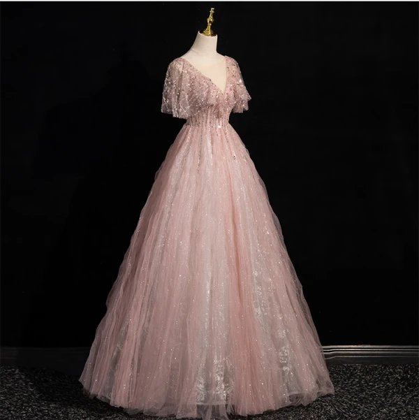 Bling Bling Dusky Pink Beading Sequins Prom Dresses 2024 A-Line / Princess V-Neck Short Sleeve Backless Floor-Length / Long Prom Formal Dresses