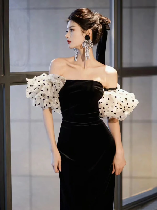 Sexy Black Velvet Spotted Evening Dresses 2024 Trumpet / Mermaid Off-The-Shoulder Short Sleeve Backless Floor-Length / Long Formal Dresses