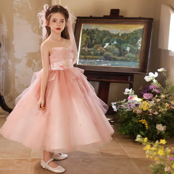 Chic / Beautiful Blushing Pink Beading Birthday Flower Girl Dresses 2025 Ball Gown Scoop Neck Sleeveless Backless Tea-length Tulle