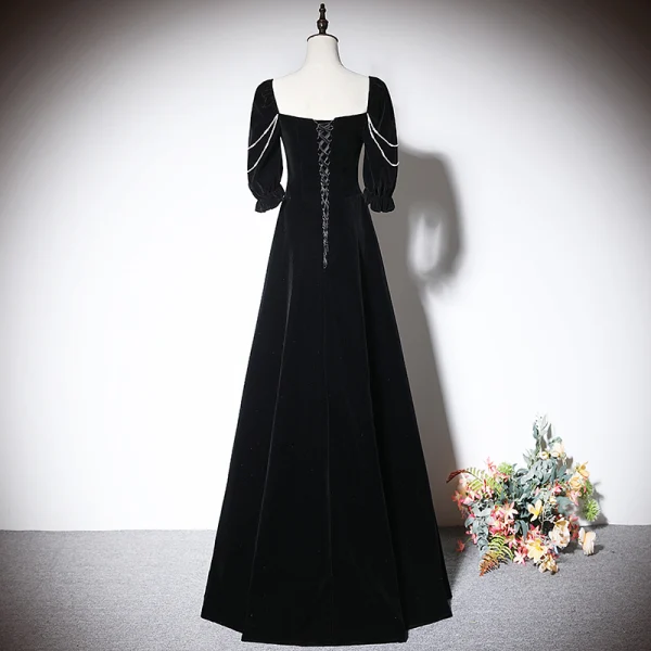 Elegant Black Pearl Evening Dresses 2023 A-Line / Princess Square Neckline Short Sleeve Backless Floor-Length / Long Evening Party Formal Dresses