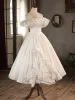 Vintage / Retro Ivory Satin Wedding Dresses 2024 A-Line / Princess Ruffle Spaghetti Straps Short Sleeve Backless Floor-Length / Long Wedding