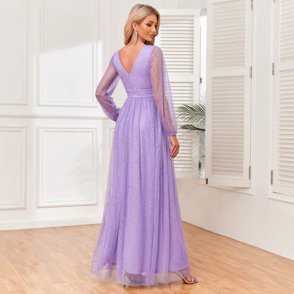 Modest / Simple Lavender Prom Dresses 2024 A-Line / Princess V-Neck Long Sleeve Backless Floor-Length / Long Prom Formal Dresses