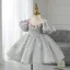 Chic / Beautiful Grey Wedding Short Flower Girl Dresses 2022 Ball Gown Scoop Neck Puffy Short Sleeve Pearl Sequins Appliques Flower Girl Dresses