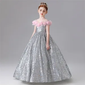 Scintillantes Argenté Appliques Paillettes Anniversaire Robe Ceremonie Fille 2025 Princesse Encolure Dégagée Manches Courtes Longue