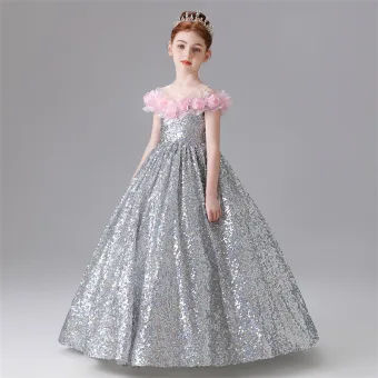 Scintillantes Argenté Appliques Paillettes Anniversaire Robe Ceremonie Fille 2025 Princesse Encolure Dégagée Manches Courtes Longue