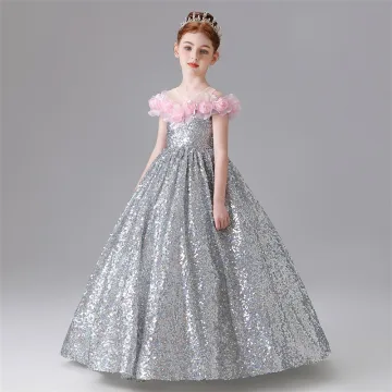 Sparkly Silver Appliques Sequins Birthday Flower Girl Dresses 2025 A Line Princess Scoop Neck Short Sleeve Floor Length Long