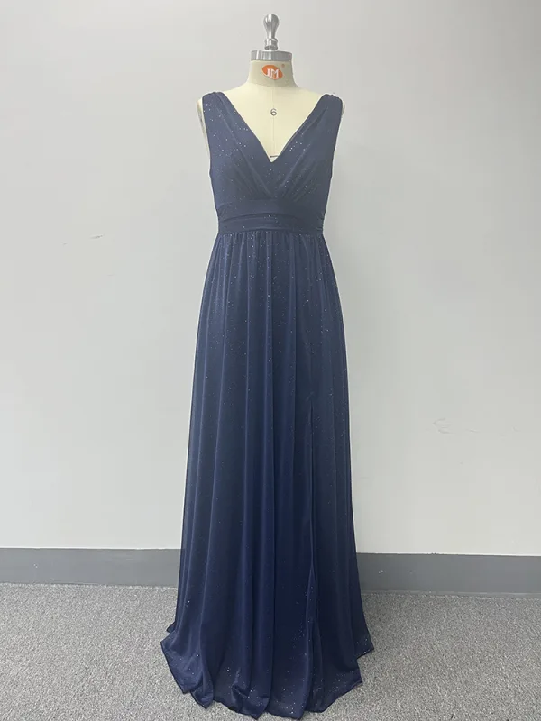 Modest / Simple Navy Blue Glitter Split Front Evening Dresses 2024 A-Line / Princess V-Neck Sleeveless Backless Floor-Length / Long Evening Party Formal Dresses