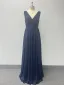 Modest / Simple Navy Blue Glitter Split Front Evening Dresses 2024 A-Line / Princess V-Neck Sleeveless Backless Floor-Length / Long Evening Party Formal Dresses
