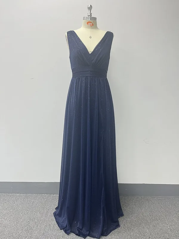 Simple Bleu Marine Fendue devant Robe De Bal 2024 Princesse Chiffon V-Cou Sans Manches Dos Nu Longue Promo Robe De Ceremonie