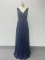 Simple Bleu Marine Fendue devant Robe De Bal 2024 Princesse Chiffon V-Cou Sans Manches Dos Nu Longue Promo Robe De Ceremonie