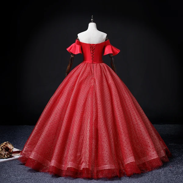Elegant Red Spotted Prom Dresses 2022 Ball Gown Off-The-Shoulder Bell sleeves Backless Bow Sash Floor-Length / Long Formal Dresses