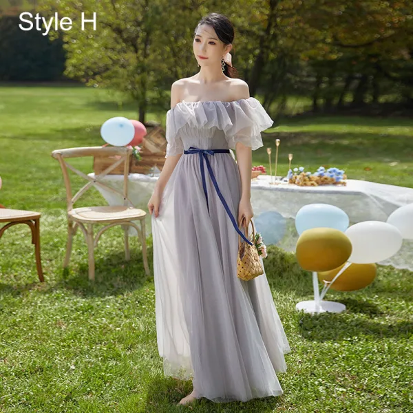 Simple Vert Cendré Robe Demoiselle D'honneur 2022 Princesse Demoiselle D'honneur De l'épaule Manches Courtes Dos Nu Noeud Ceinture Longue Robe Pour Mariage