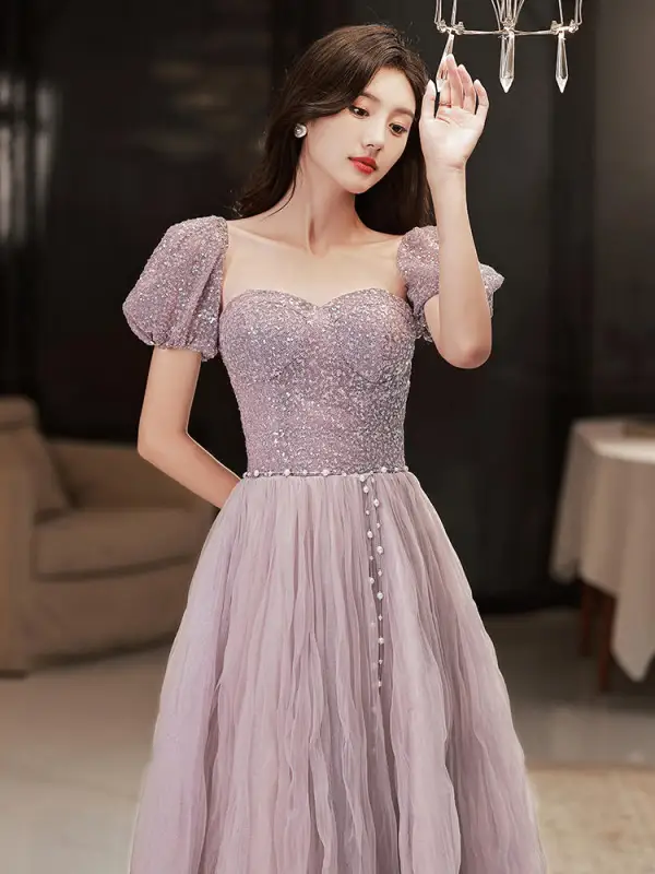 Chic / Beautiful Lilac Sequins Prom Dresses 2022 A-Line / Princess Strapless Puffy Short Sleeve Backless Floor-Length / Long Prom Formal Dresses