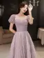 Chic / Beautiful Lilac Sequins Prom Dresses 2022 A-Line / Princess Strapless Puffy Short Sleeve Backless Floor-Length / Long Prom Formal Dresses
