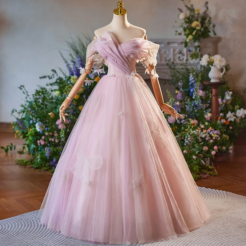 Chic Beautiful Blushing Pink Bow Prom Dresses 2025 Ball Gown Off The  Shoulder Short Sleeve Backless Floor Length Long Formal Dresses