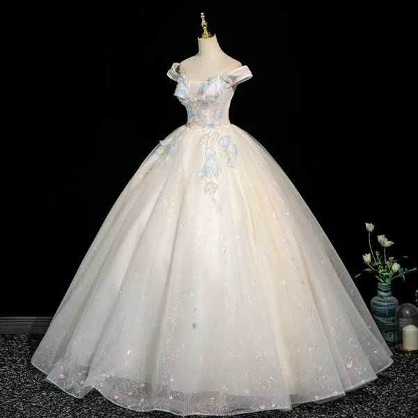 Charming Champagne Beading Appliques Prom Dresses 2025 A-Line / Princess Off-The-Shoulder Short Sleeve Backless Floor-Length / Long Formal Dresses
