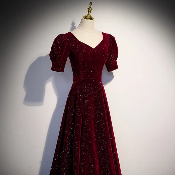 Vintage / Retro Burgundy Sequins Velvet Prom Dresses 2023 A-Line / Princess Square Neckline Short Sleeve Backless Floor-Length / Long Formal Dresses