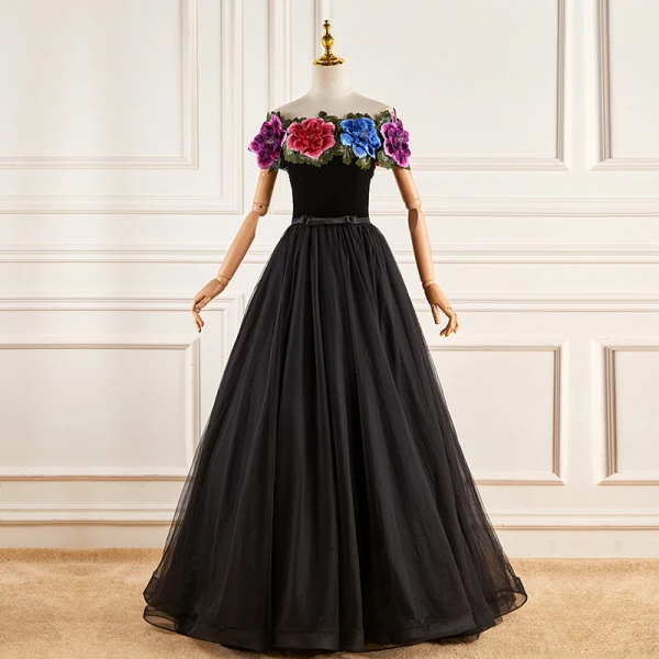 Ethnic Black Lace Flower Prom Dresses 2023 Ball Gown Off-The-Shoulder Short Sleeve Backless Bow Sash Floor-Length / Long Prom Formal Dresses