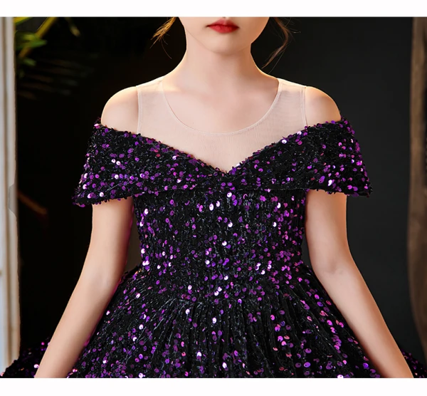 Sparkly Purple Sequins Birthday Flower Girl Dresses 2024 Ball Gown Scoop Neck Short Sleeve Backless Floor-Length / Long