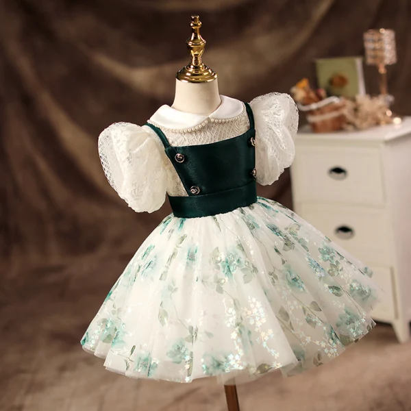 Elegant Dark Green Pearl Lace Short Birthday Flower Girl Dresses 2022 Ball Gown Scoop Neck Puffy Short Sleeve Flower Girl Dresses