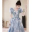 Mode Charmant Bleu Ciel Perlage Perle Paillettes En Dentelle Fleur Robe De Bal 2023 Princesse V-Cou Manches Courtes Dos Nu Longue