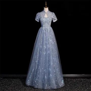 Mode Bleu Ciel Perlage Perle Paillettes Papillon Appliques Robe De Bal 2023 Princesse Col Haut Manches Courtes Dos Nu Longue Promo Robe De Ceremonie
