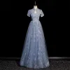 Fashion Sky Blue Beading Pearl Sequins Butterfly Appliques Prom Dresses 2023 A-Line / Princess High Neck Short Sleeve Backless Floor-Length / Long Prom Formal Dresses