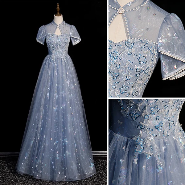 Fashion Sky Blue Beading Pearl Sequins Butterfly Appliques Prom Dresses 2023 A-Line / Princess High Neck Short Sleeve Backless Floor-Length / Long Prom Formal Dresses