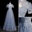 Fashion Sky Blue Beading Pearl Sequins Butterfly Appliques Prom Dresses 2023 A-Line / Princess High Neck Short Sleeve Backless Floor-Length / Long Prom Formal Dresses